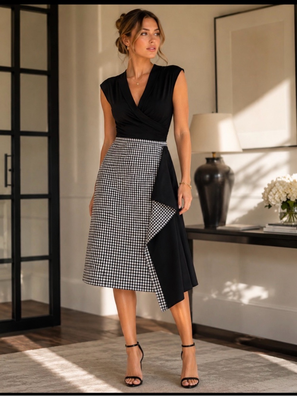 NWT Tibi Gingham Asymmetrical Wrap Midi Skirt | Black & White | Size 8